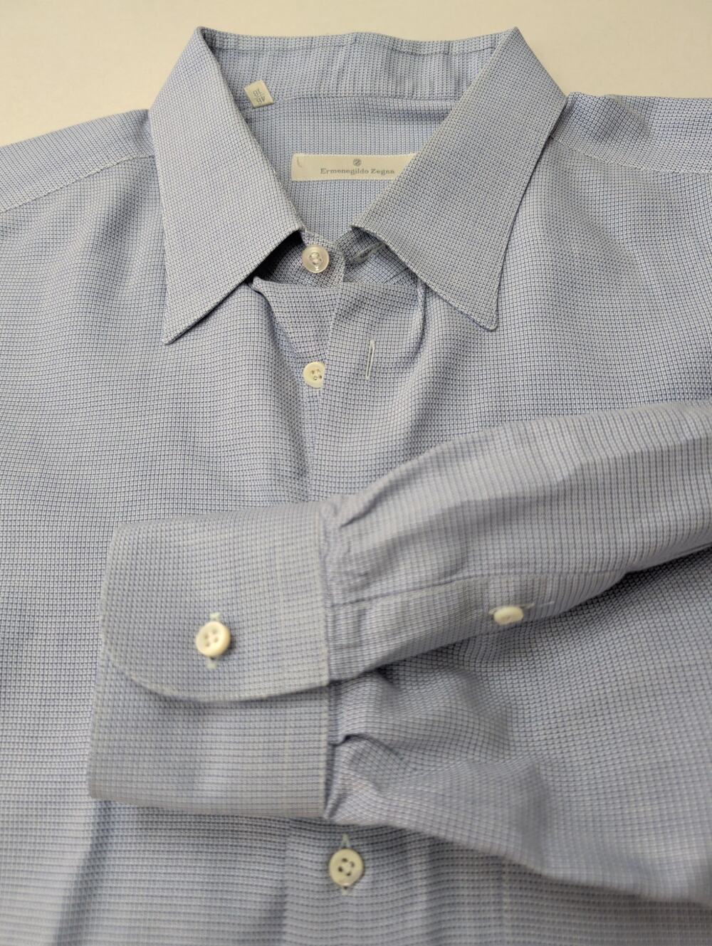 Ermenegildo Zegna Men's Long Sleeve Blue Micro-Check Italian Dress Shirt 18 48